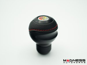 FIAT 500 Gear Shift Knob -  Black Italy - Black Base/ Black Leather Top + Chrome ABARTH Logo - Short Style